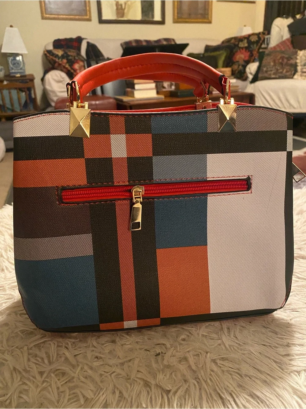 NWOT KUOY Multicolor Plaid Structured Satchel Top Handle Bag